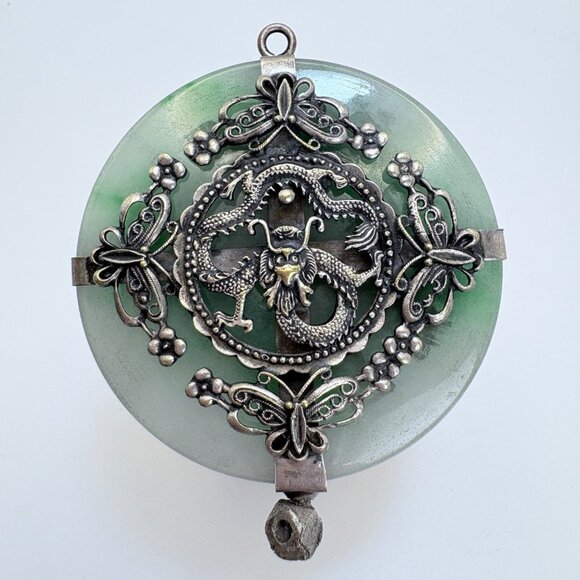 Jade Green Glass Chinese Dragon Flower Design Pendant Size 2.75" Length - Picture 1 of 8
